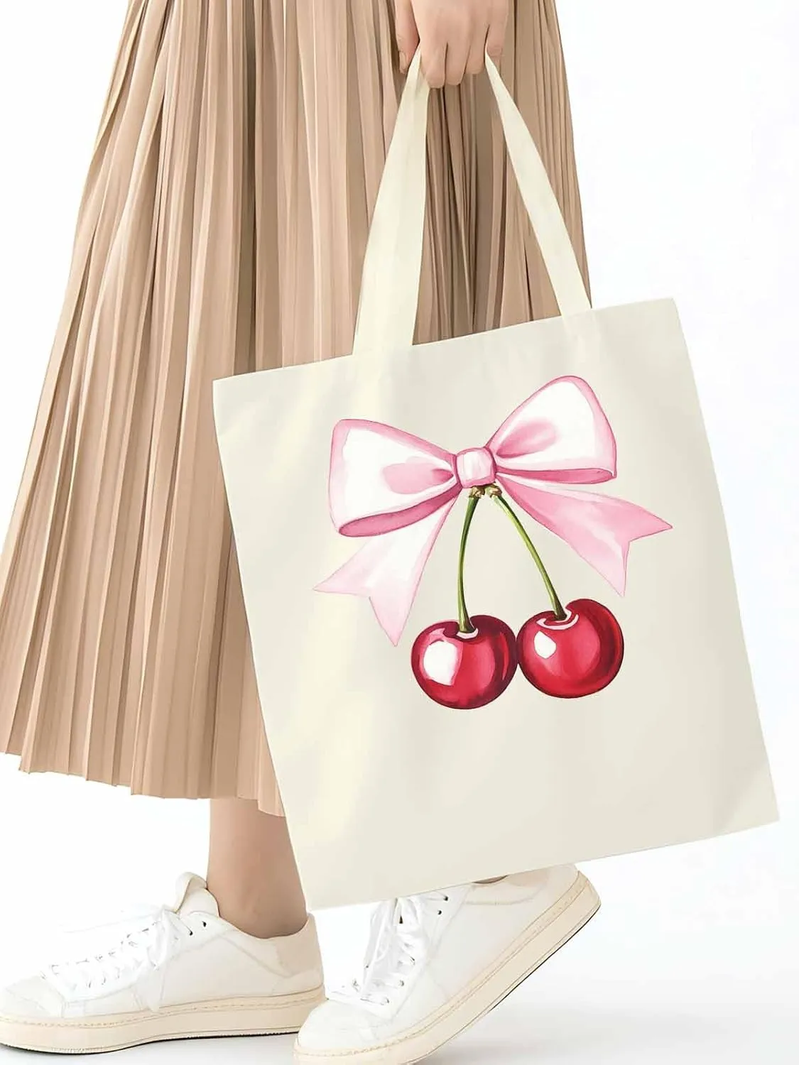 Canvas Tote Bag, Pink Bow Cherry Fruit Aesthetic Canvas Tote Handbags for Women Shoulder Bag,