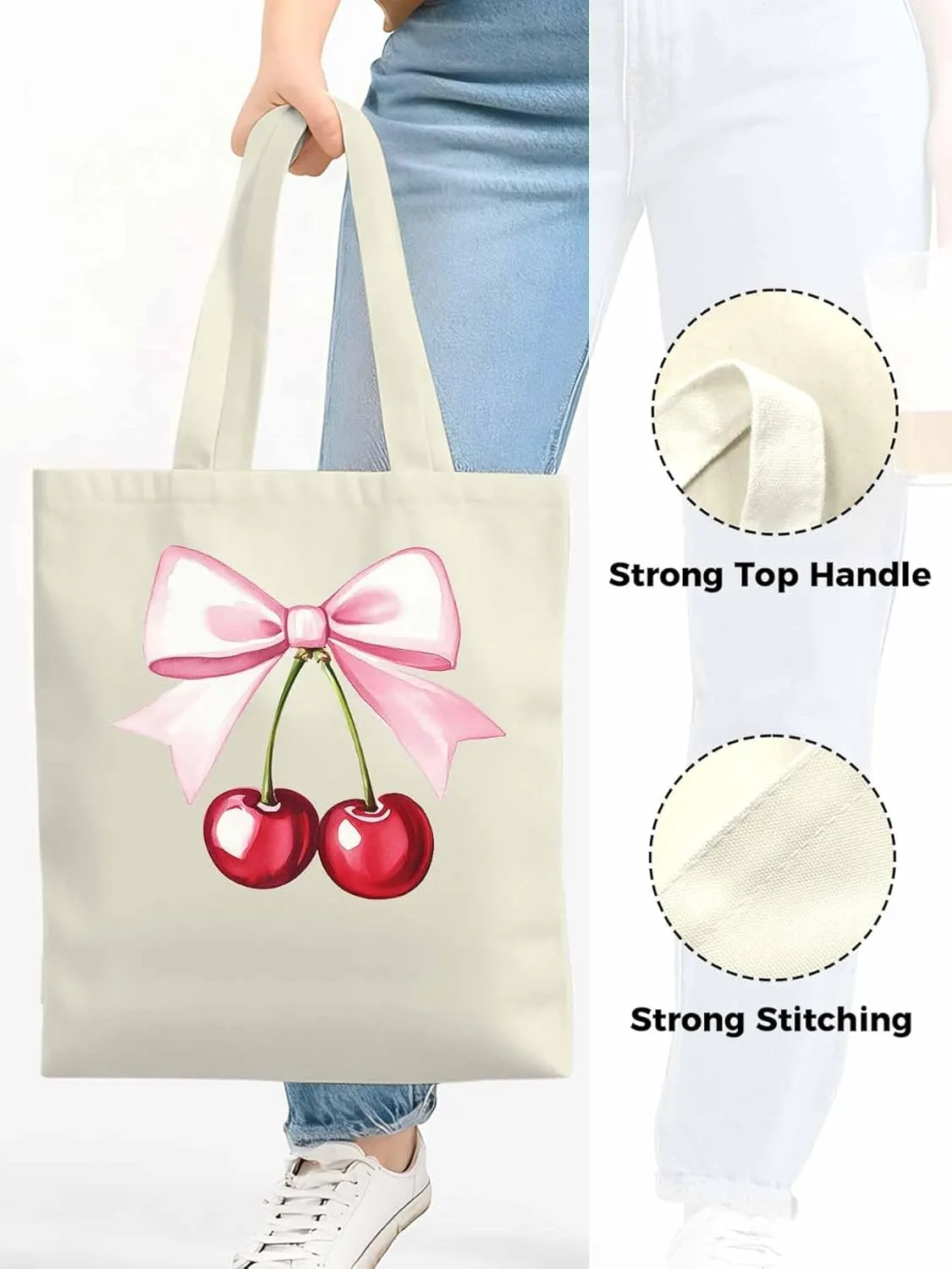 Canvas Tote Bag, Pink Bow Cherry Fruit Aesthetic Canvas Tote Handbags for Women Shoulder Bag,