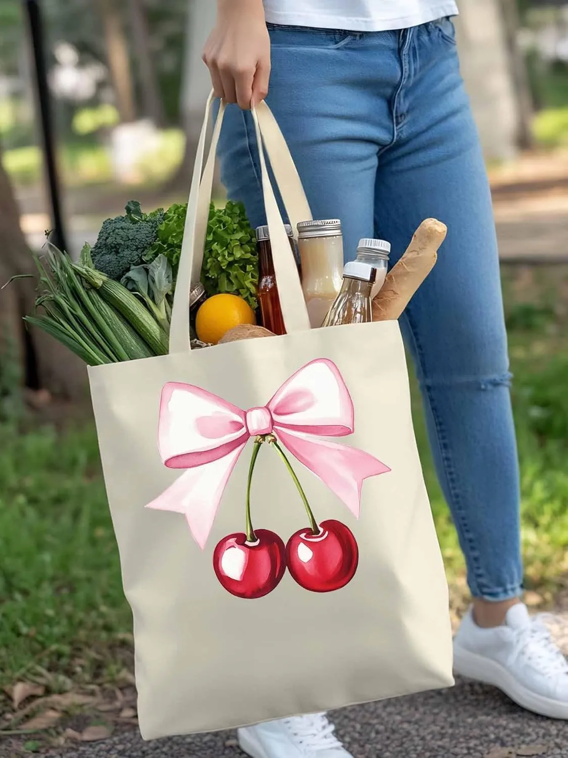 Canvas Tote Bag, Pink Bow Cherry Fruit Aesthetic Canvas Tote Handbags for Women Shoulder Bag,