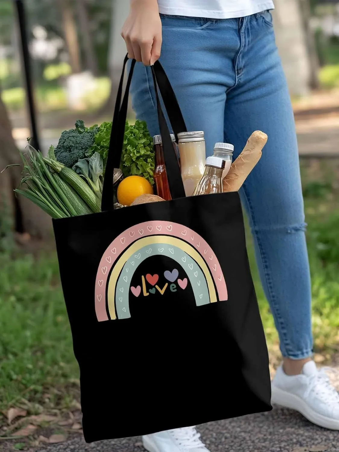 Canvas Tote Bag, Rainbow Love Heart Valentine's Day Aesthetic Canvas Tote Handbags for Women Shoulder Bag,