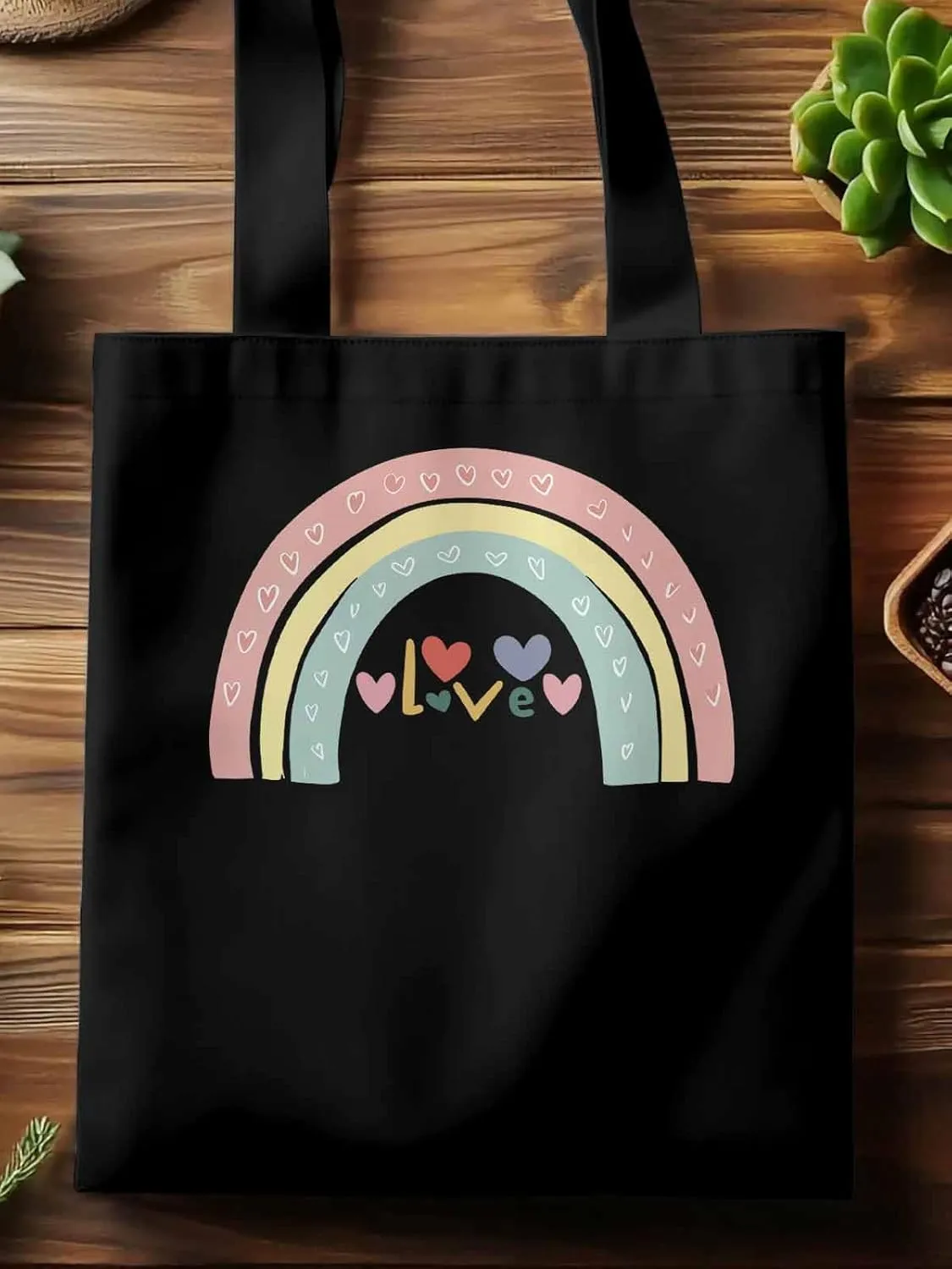 Canvas Tote Bag, Rainbow Love Heart Valentine's Day Aesthetic Canvas Tote Handbags for Women Shoulder Bag,