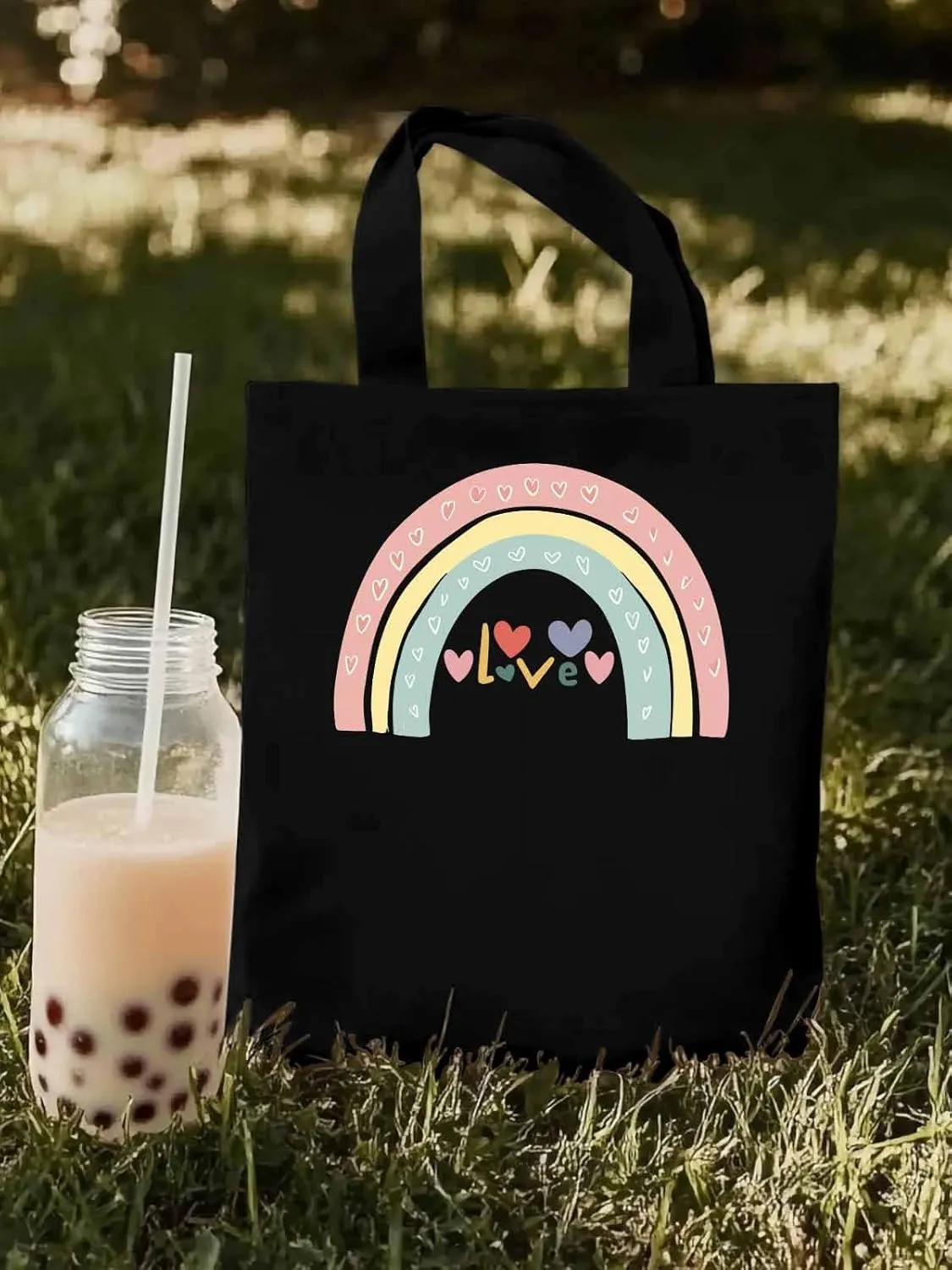 Canvas Tote Bag, Rainbow Love Heart Valentine's Day Aesthetic Canvas Tote Handbags for Women Shoulder Bag,