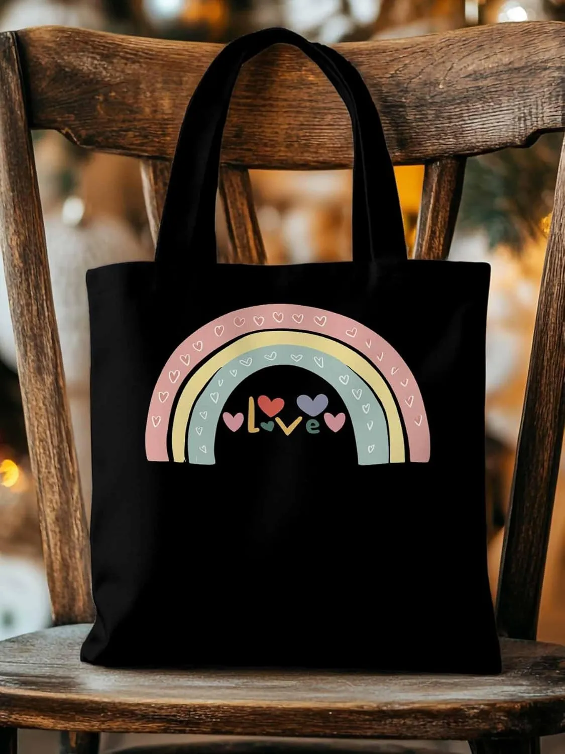 Canvas Tote Bag, Rainbow Love Heart Valentine's Day Aesthetic Canvas Tote Handbags for Women Shoulder Bag,