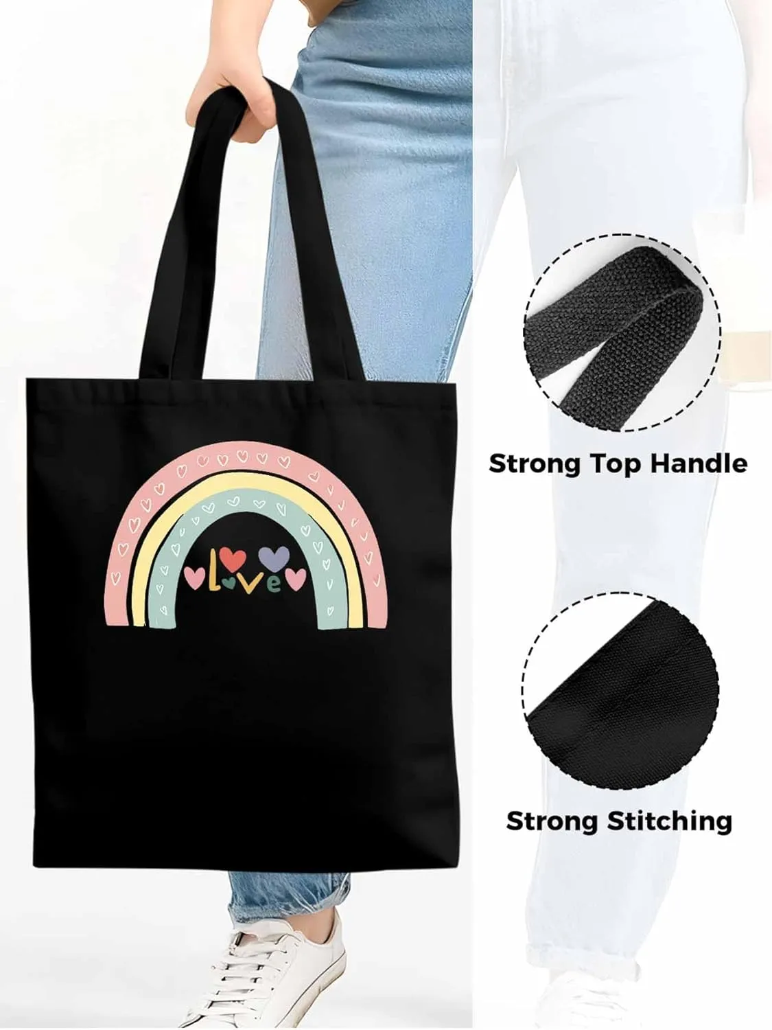 Canvas Tote Bag, Rainbow Love Heart Valentine's Day Aesthetic Canvas Tote Handbags for Women Shoulder Bag,