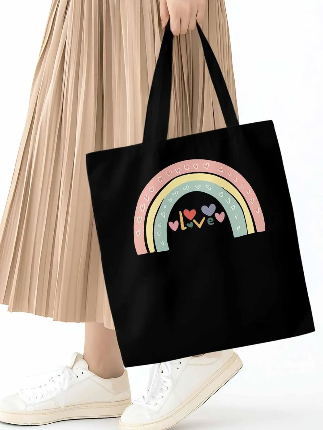 Canvas Tote Bag, Rainbow Love Heart Valentine's Day Aesthetic Canvas Tote Handbags for Women Shoulder Bag,