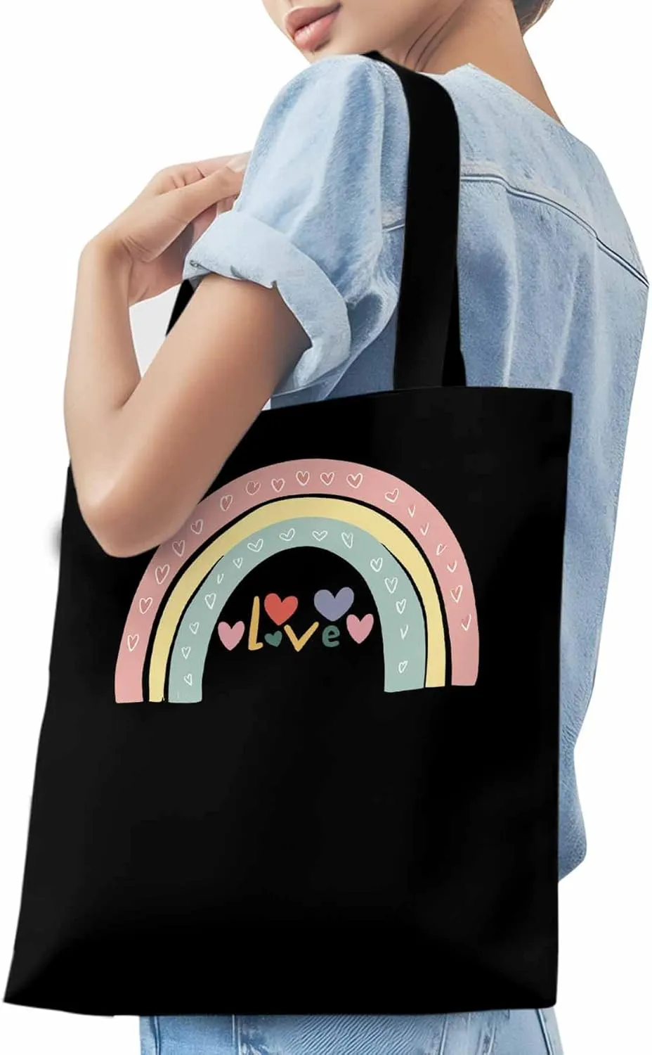 Canvas Tote Bag, Rainbow Love Heart Valentine's Day Aesthetic Canvas Tote Handbags for Women Shoulder Bag,
