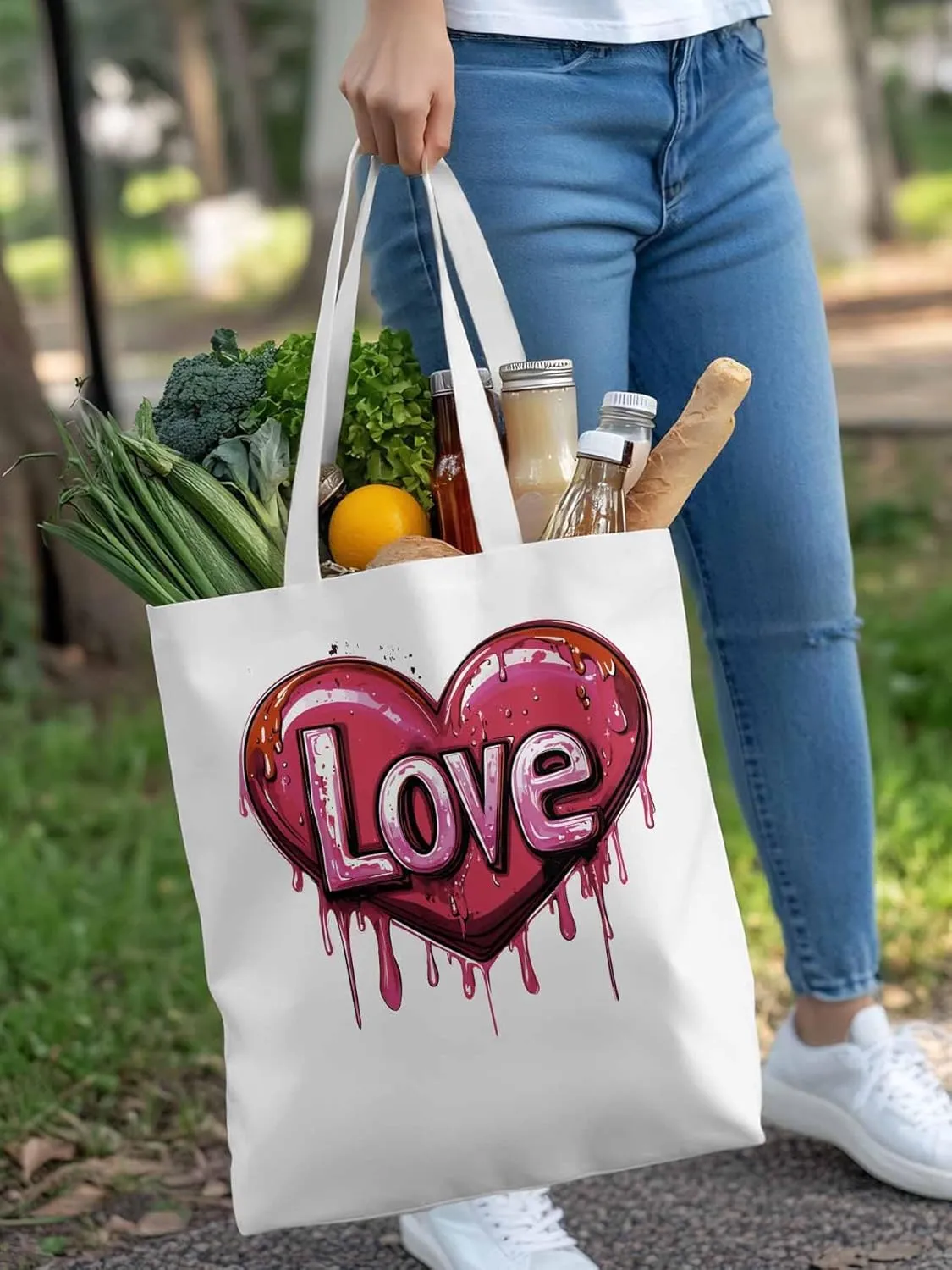 Canvas Tote Bag, Red Graffiti Love Valentine's Day Aesthetic Canvas Tote Handbags for Women Shoulder Bag
