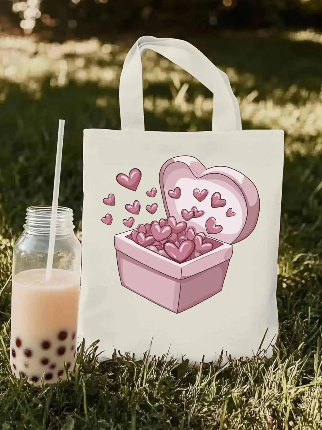 Canvas Tote Bag, Valentine's Day Aesthetic Canvas Tote Handbags for Women Shoulder Bag Pink Love Heart