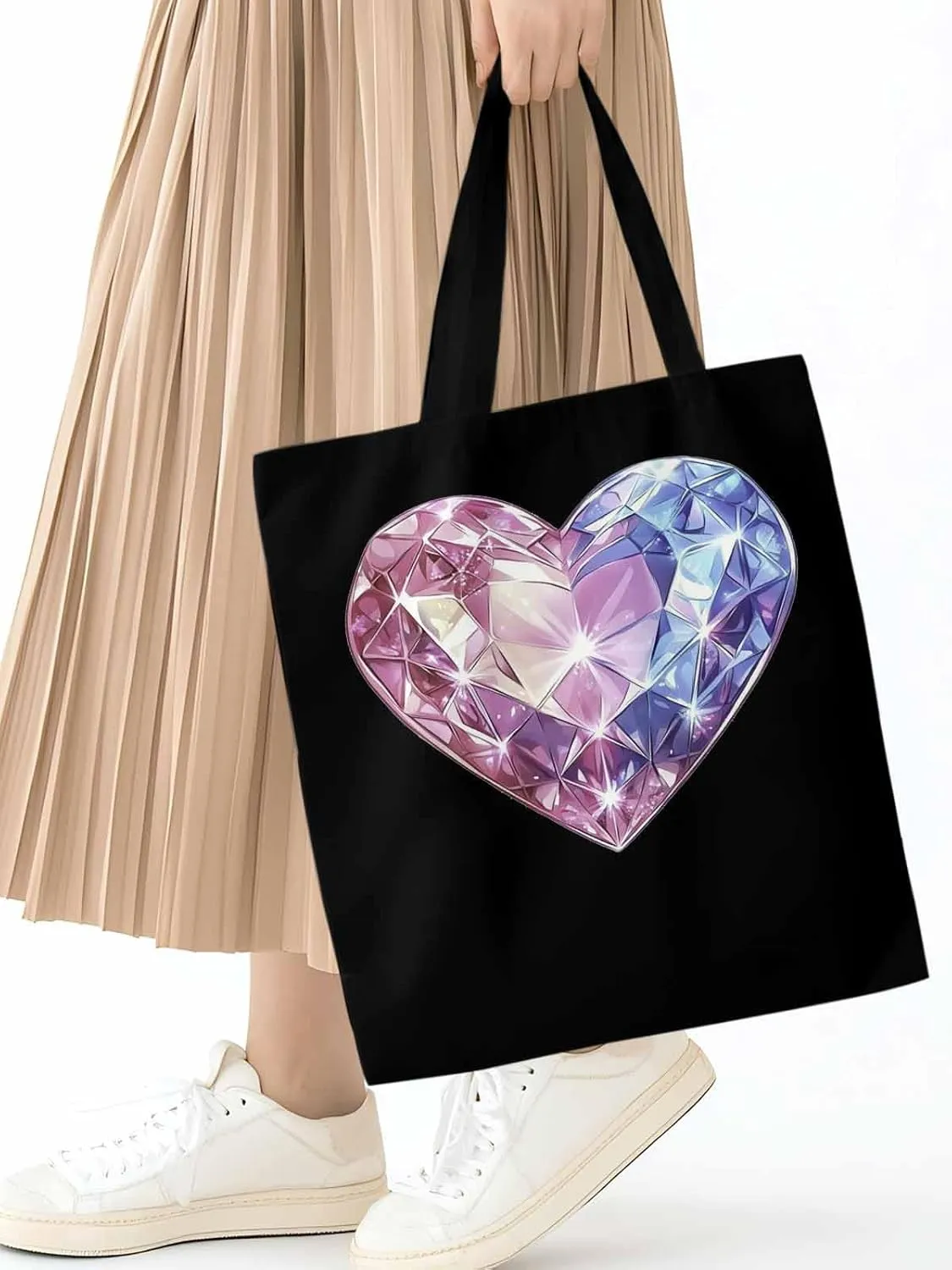 Canvas Tote Bag, Valentine's Day Love Heart Diamonds Aesthetic Canvas Tote Handbags for Women Shoulder Bag