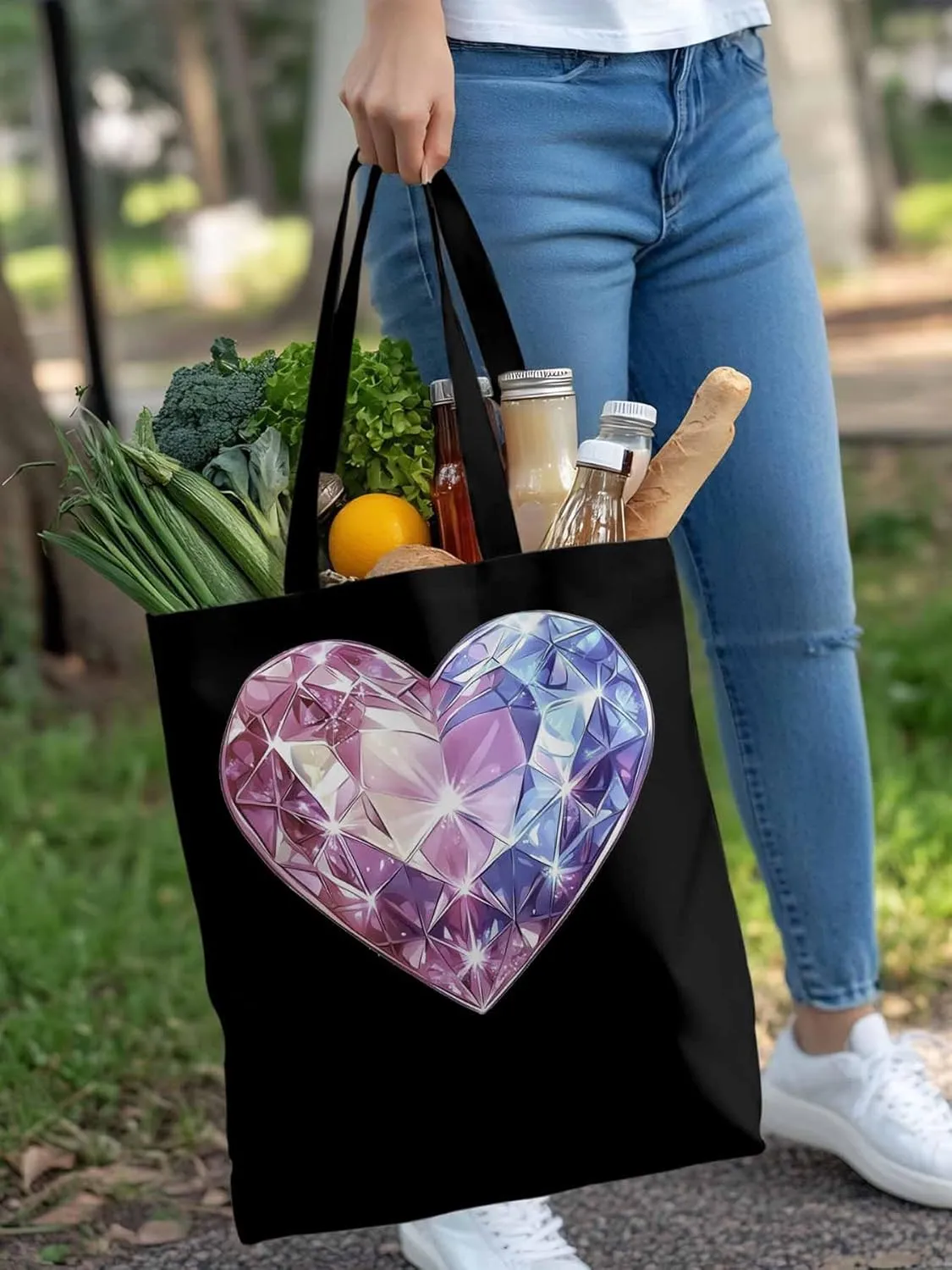 Canvas Tote Bag, Valentine's Day Love Heart Diamonds Aesthetic Canvas Tote Handbags for Women Shoulder Bag