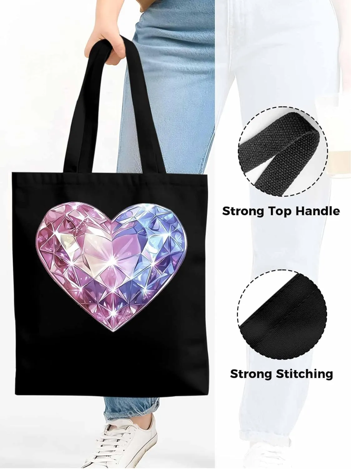 Canvas Tote Bag, Valentine's Day Love Heart Diamonds Aesthetic Canvas Tote Handbags for Women Shoulder Bag