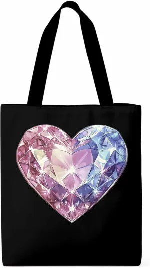 Canvas Tote Bag, Valentine's Day Love Heart Diamonds Aesthetic Canvas Tote Handbags for Women Shoulder Bag
