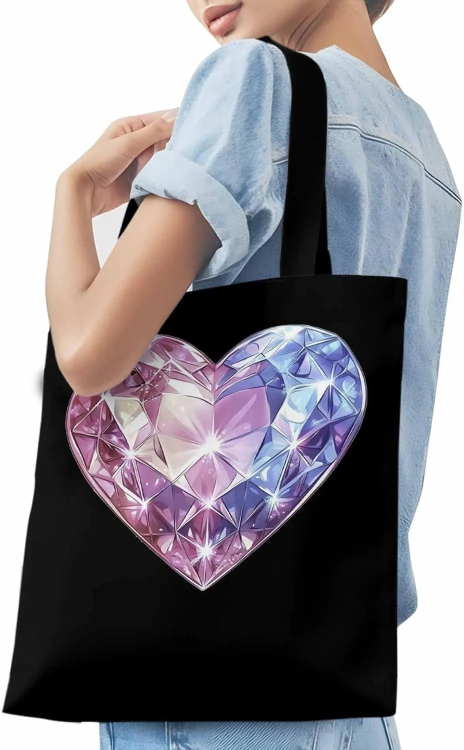 Canvas Tote Bag, Valentine's Day Love Heart Diamonds Aesthetic Canvas Tote Handbags for Women Shoulder Bag