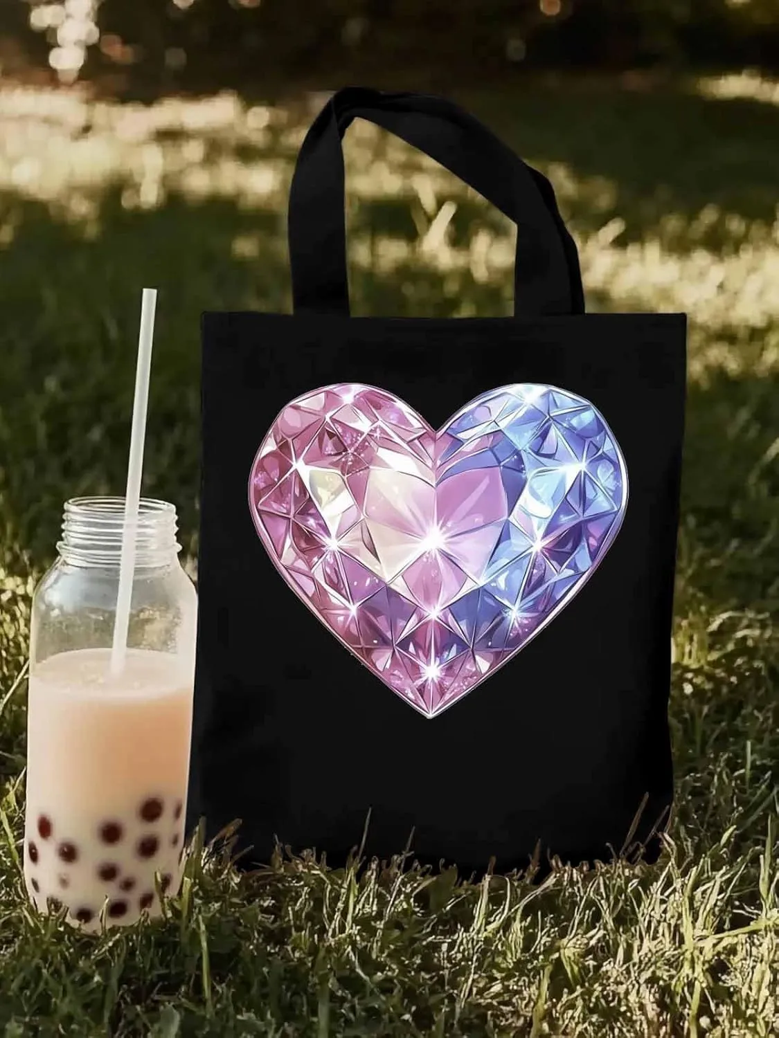 Canvas Tote Bag, Valentine's Day Love Heart Diamonds Aesthetic Canvas Tote Handbags for Women Shoulder Bag