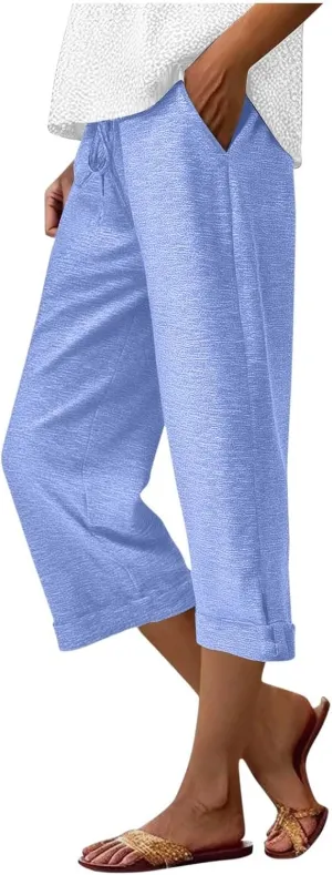Capri Pants for Women Cotton Casual Summer Workout Beach Capris Drawstring High Waist Wide Leg Cropped Trousers