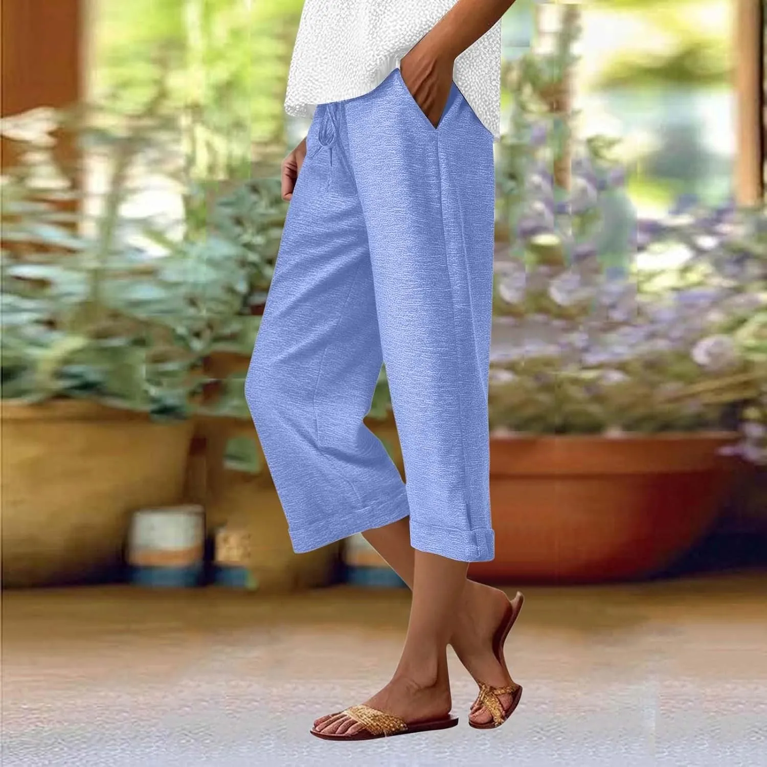 Capri Pants for Women Cotton Casual Summer Workout Beach Capris Drawstring High Waist Wide Leg Cropped Trousers