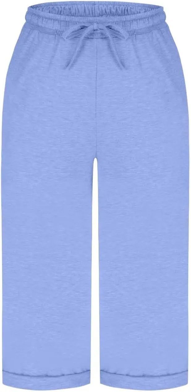 Capri Pants for Women Cotton Casual Summer Workout Beach Capris Drawstring High Waist Wide Leg Cropped Trousers