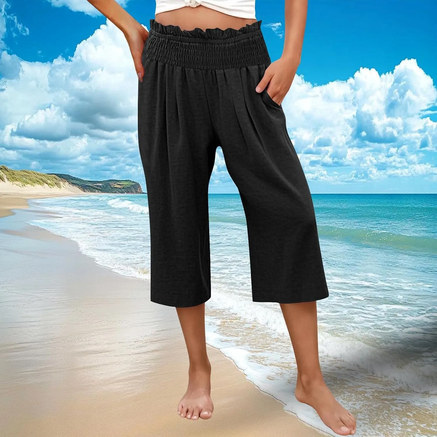 Capri Pants for Women Lightweight Summer High Waisted Wide Leg Palazzo Trousers with Pockets Travel Vacation Outfits