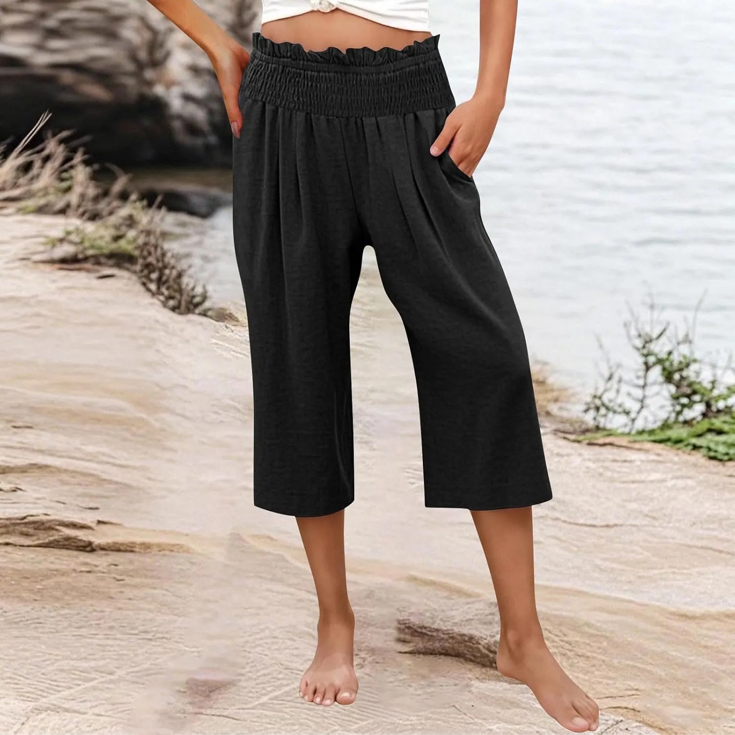 Capri Pants for Women Lightweight Summer High Waisted Wide Leg Palazzo Trousers with Pockets Travel Vacation Outfits