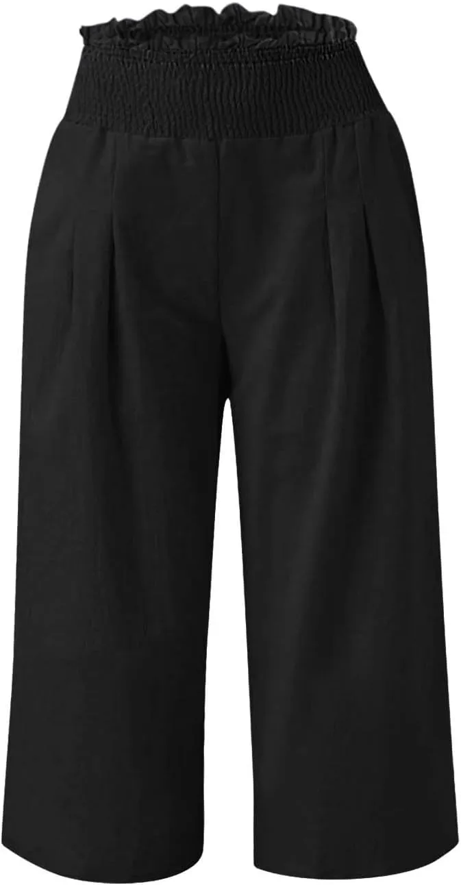 Capri Pants for Women Lightweight Summer High Waisted Wide Leg Palazzo Trousers with Pockets Travel Vacation Outfits