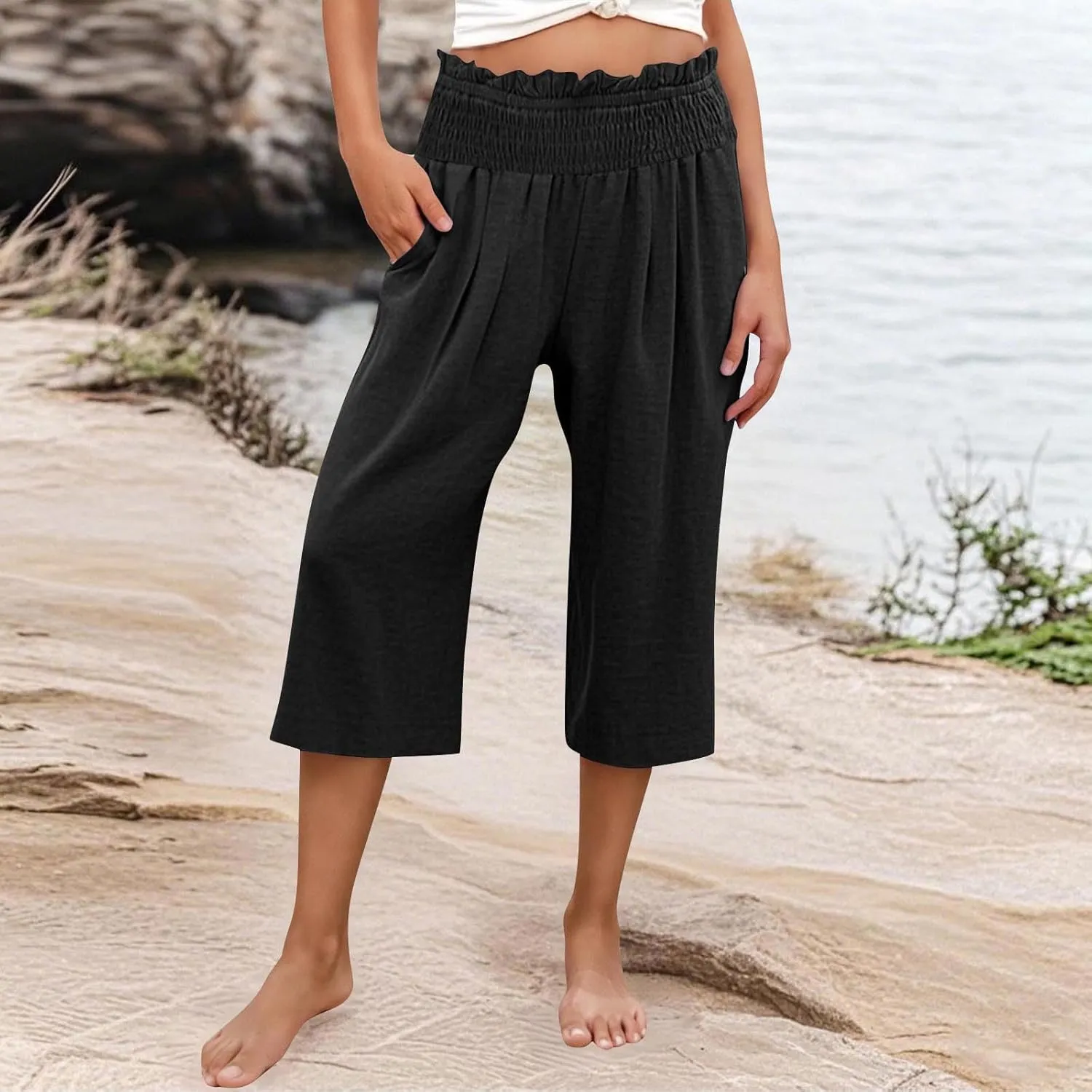 Capri Pants for Women Lightweight Summer High Waisted Wide Leg Palazzo Trousers with Pockets Travel Vacation Outfits