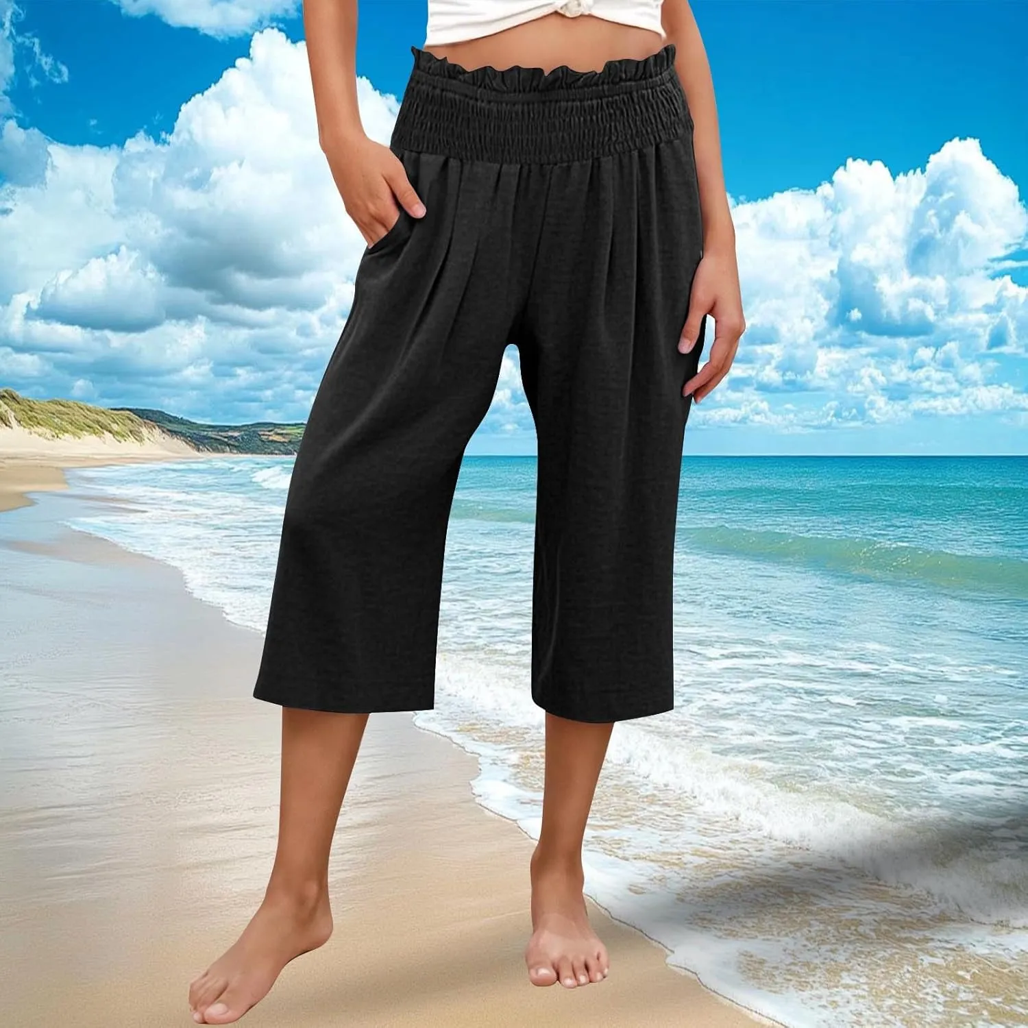 Capri Pants for Women Lightweight Summer High Waisted Wide Leg Palazzo Trousers with Pockets Travel Vacation Outfits