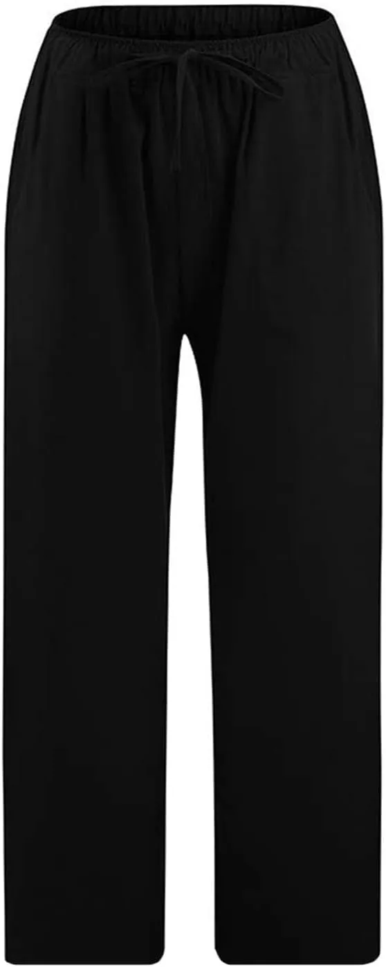Capri Pants for Women Summer Cotton Linen Capris Drawstring Elastic High Waist Pants Wide Leg Cropped Trouser