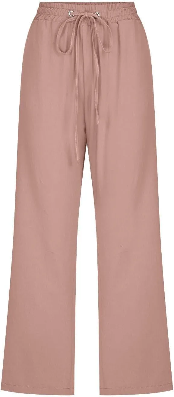 Capri Pants for Women Summer Cotton Linen Cropped Pants Casual Wide Leg Drawstring Elastic Waist Trouser S-3XL