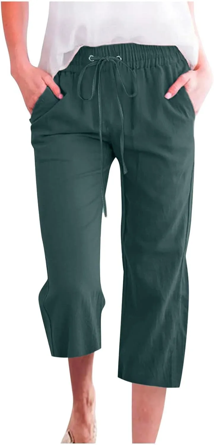 Capri Pants for Women Summer Cotton Linen Cropped Pants Casual Wide Leg Drawstring Elastic Waist Trouser S-3XL