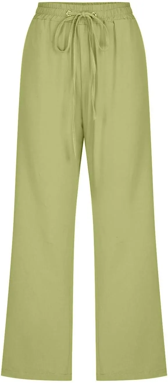 Capri Pants for Women Summer Cotton Linen Cropped Pants Casual Wide Leg Drawstring Elastic Waist Trouser S-3XL