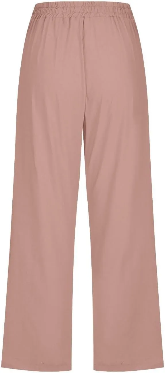 Capri Pants for Women Summer Cotton Linen Cropped Pants Casual Wide Leg Drawstring Elastic Waist Trouser S-3XL