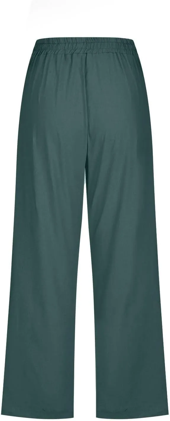 Capri Pants for Women Summer Cotton Linen Cropped Pants Casual Wide Leg Drawstring Elastic Waist Trouser S-3XL