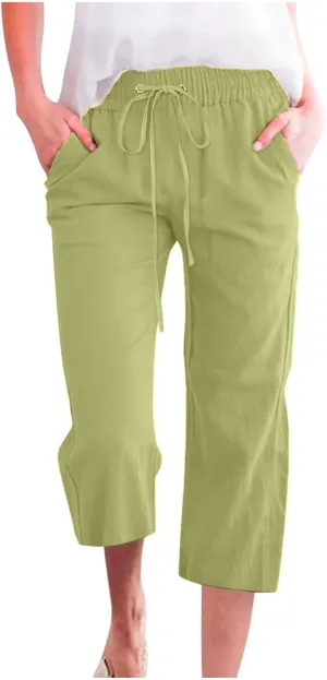 Capri Pants for Women Summer Cotton Linen Cropped Pants Casual Wide Leg Drawstring Elastic Waist Trouser S-3XL