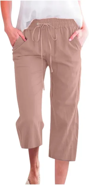 Capri Pants for Women Summer Cotton Linen Cropped Pants Casual Wide Leg Drawstring Elastic Waist Trouser S-3XL