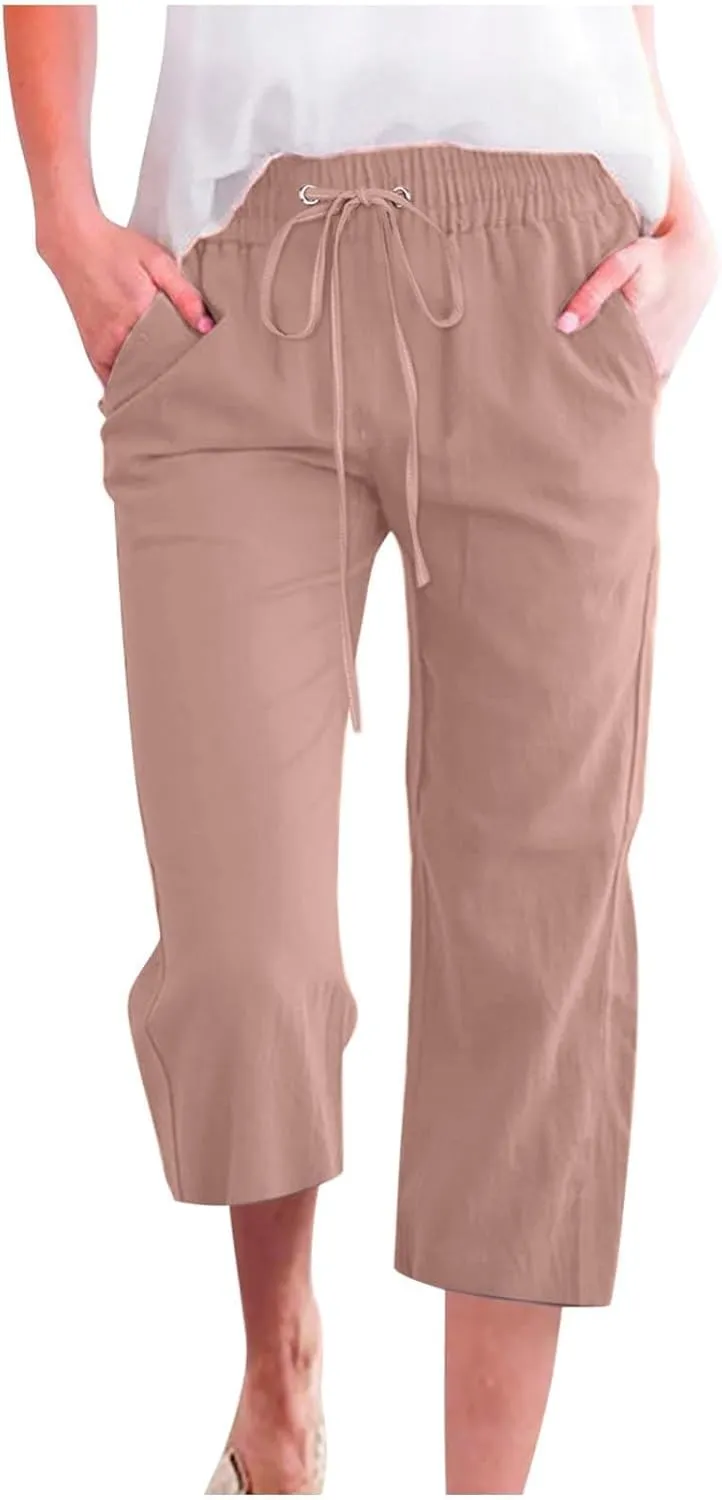 Capri Pants for Women Summer Cotton Linen Cropped Pants Casual Wide Leg Drawstring Elastic Waist Trouser S-3XL