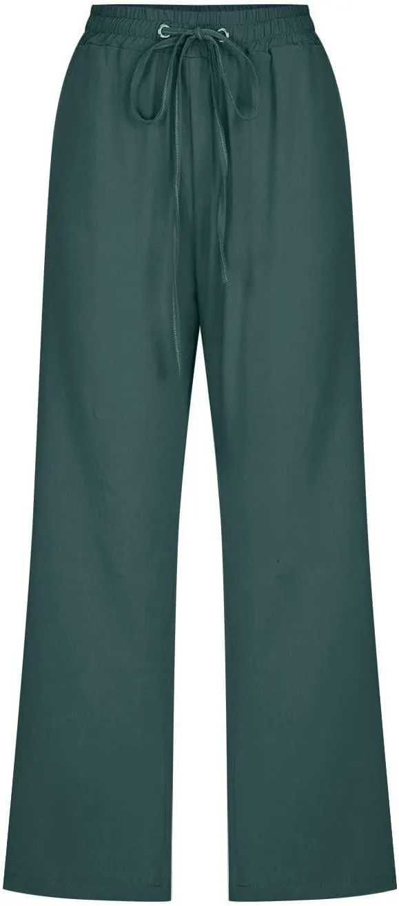Capri Pants for Women Summer Cotton Linen Cropped Pants Casual Wide Leg Drawstring Elastic Waist Trouser S-3XL
