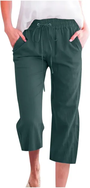 Capri Pants for Women Summer Cotton Linen Cropped Pants Casual Wide Leg Drawstring Elastic Waist Trouser S-3XL