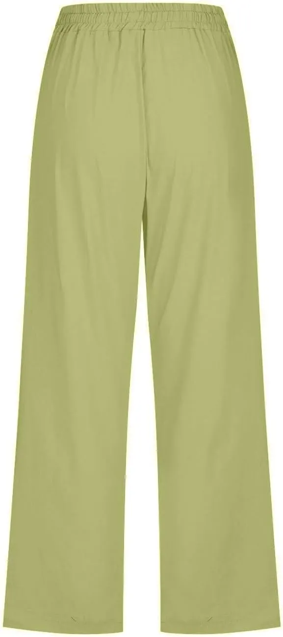 Capri Pants for Women Summer Cotton Linen Cropped Pants Casual Wide Leg Drawstring Elastic Waist Trouser S-3XL