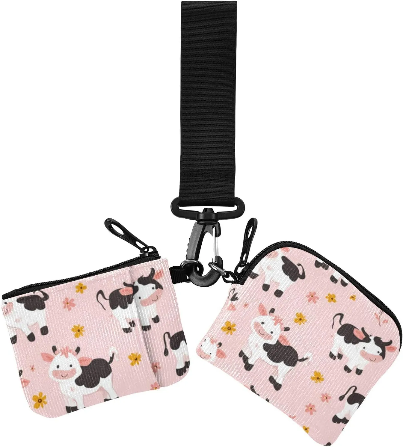 Cartoon Cute Cow Pink Dual Wristlet Wallets for Women Small Portable Coin Purse Wallet Bag with Wristlet Strap for Women 2 Pcs