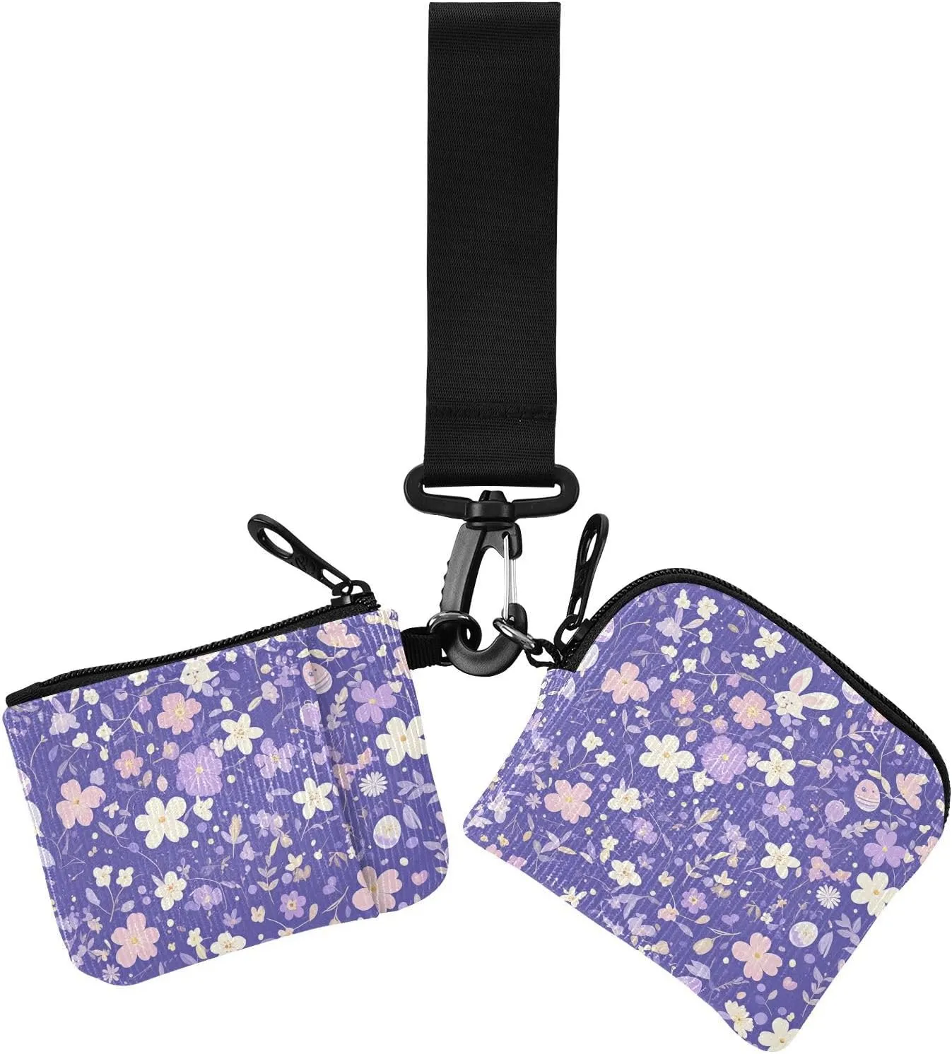Cartoon Purple Easter Bunny Eggs Women's Wallets Card Cases Slim Detachable Card Organizer Purse with Wristlet Strap for Ladies 2 Pcs
