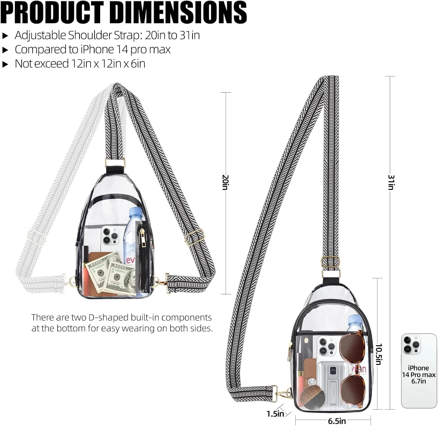 Clear Bag for Stadium Events, Clear Crossbody Bags for Women Men with Adjustable Strap for Sport Concert