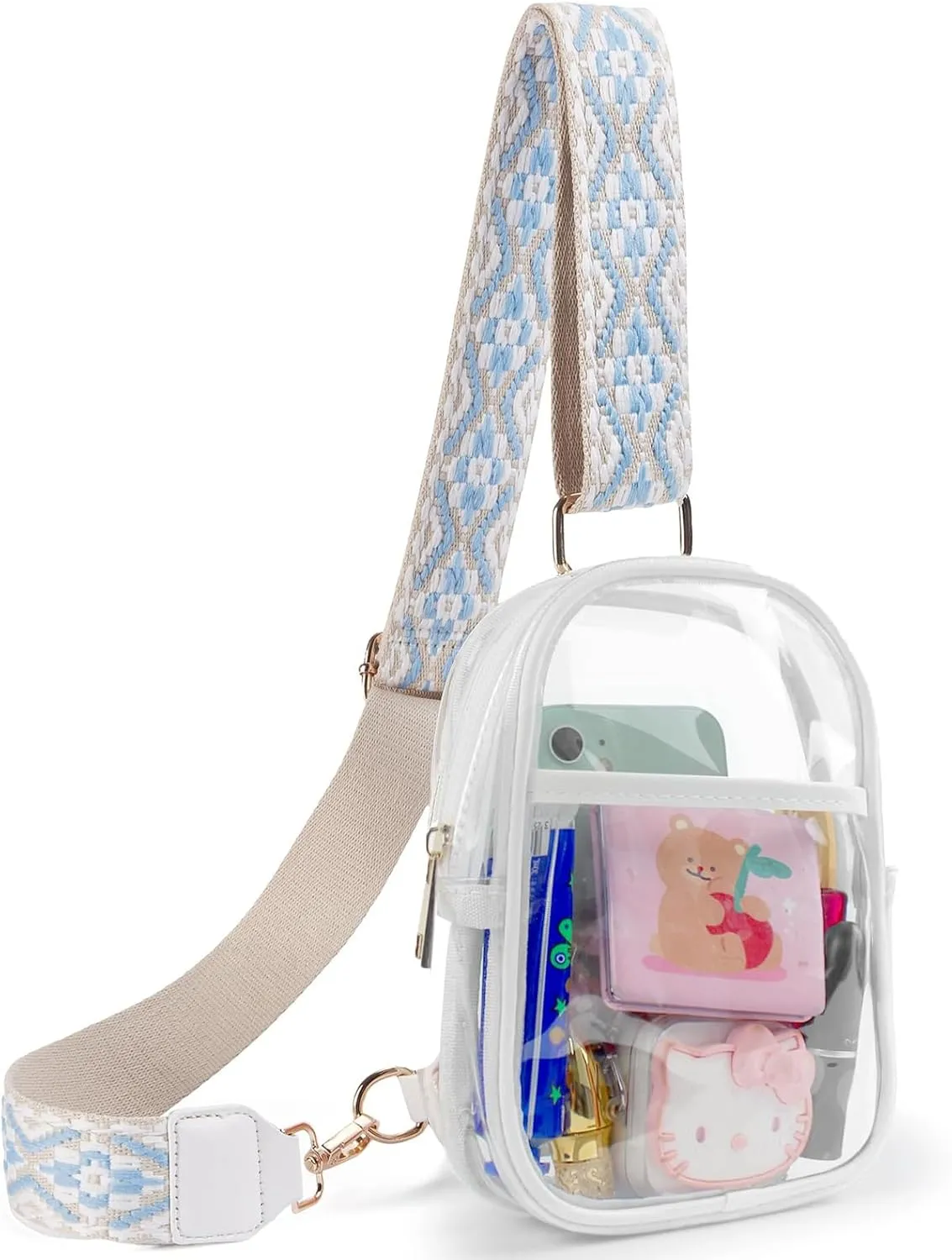 Clear Sling Bag, Clear Crossbody Purse Bag Fanny Pack Stadium Approved for Women, Chest Backpack for Travel Concerts (White)