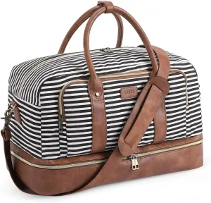 CLUCI Duffle Bag Weekender Bags for Women Canvas Anti Theft Travel Bag for Women Overnight Tote Carry On Bags with Shoe Compartment Stripes with Brown