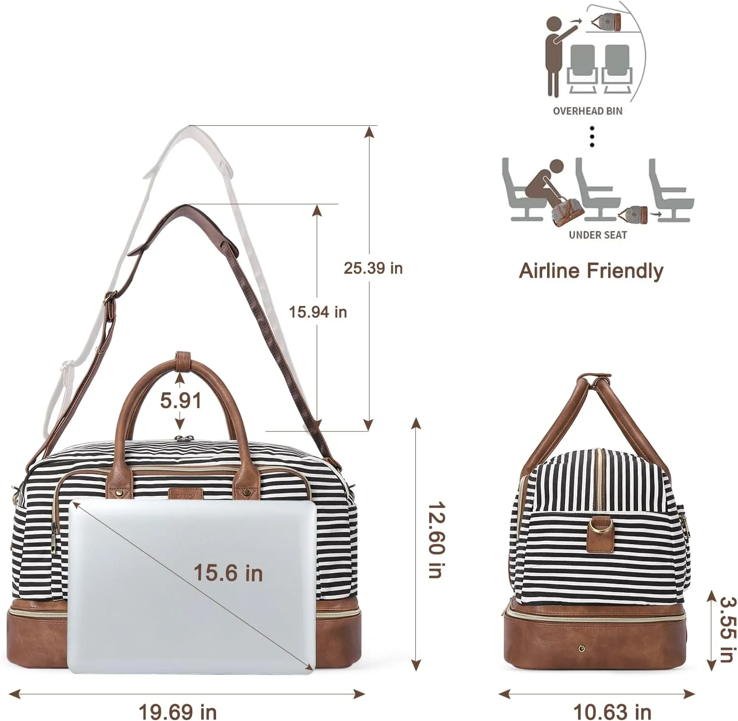CLUCI Duffle Bag Weekender Bags for Women Canvas Anti Theft Travel Bag for Women Overnight Tote Carry On Bags with Shoe Compartment Stripes with Brown