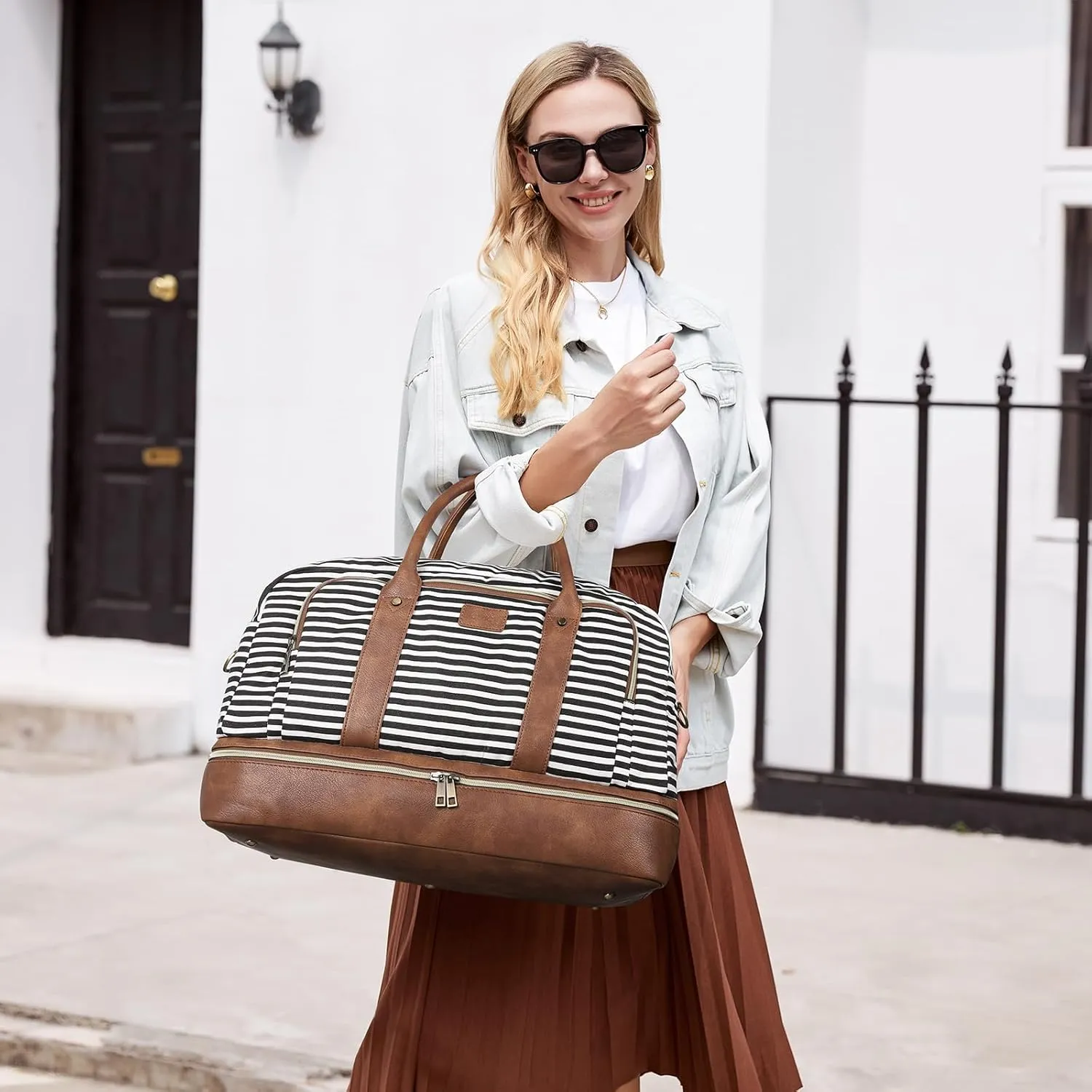 CLUCI Duffle Bag Weekender Bags for Women Canvas Anti Theft Travel Bag for Women Overnight Tote Carry On Bags with Shoe Compartment Stripes with Brown