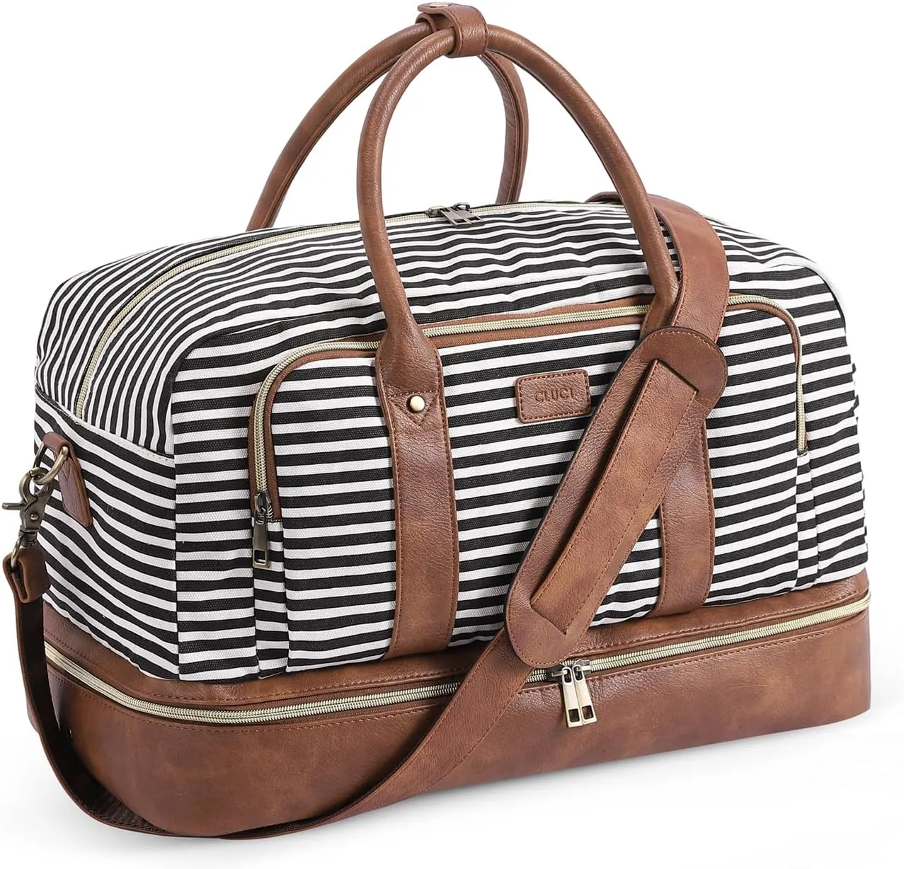 CLUCI Duffle Bag Weekender Bags for Women Canvas Anti Theft Travel Bag for Women Overnight Tote Carry On Bags with Shoe Compartment Stripes with Brown