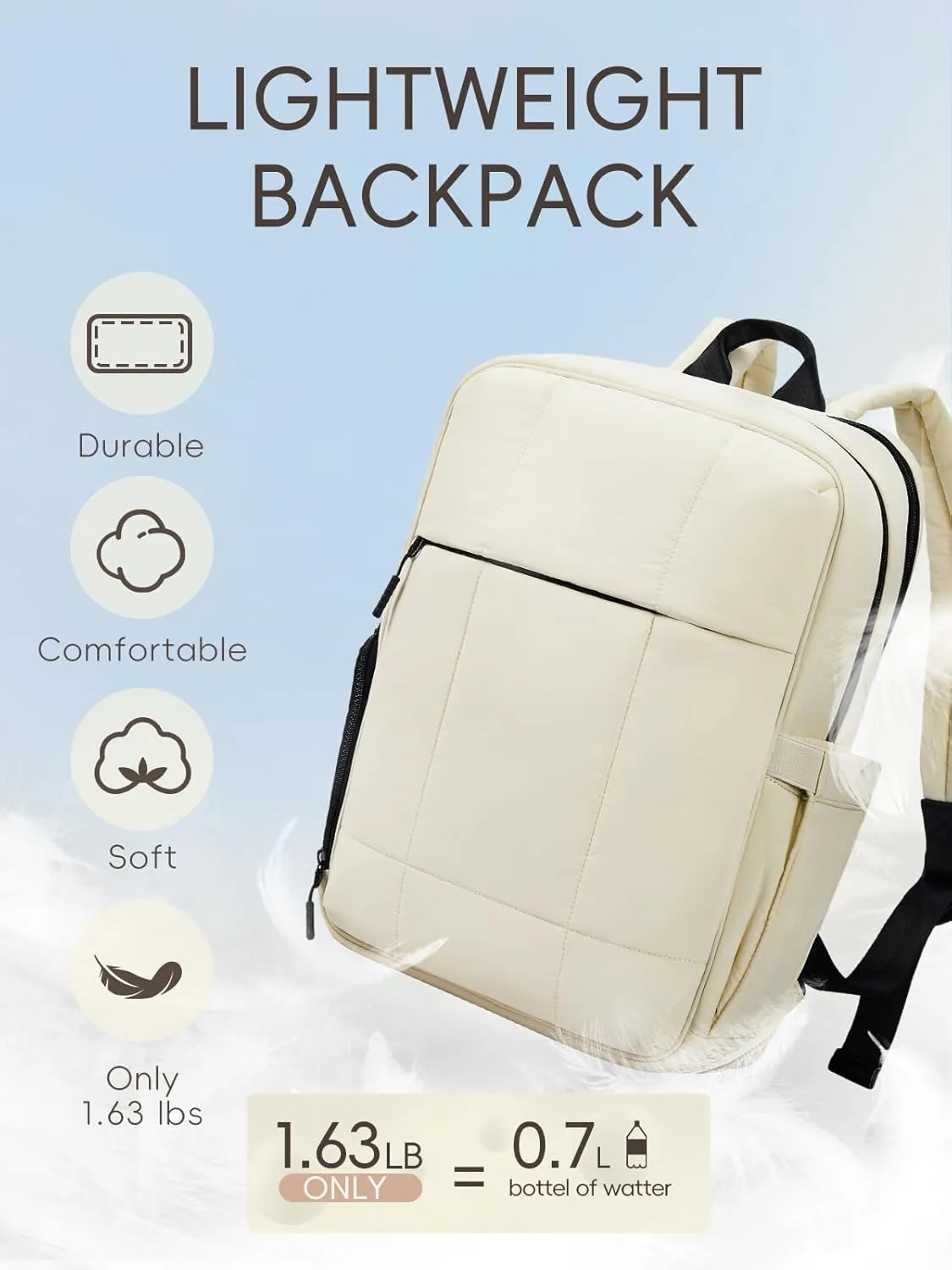 CLUCI Quilted Laptop Backpack fits 15.6" Laptop, Travel Backpack for Women, Lightweight Carry on Backpack for Airplanes, Puffy Gym Bag with Shoe Compartment (Beige)