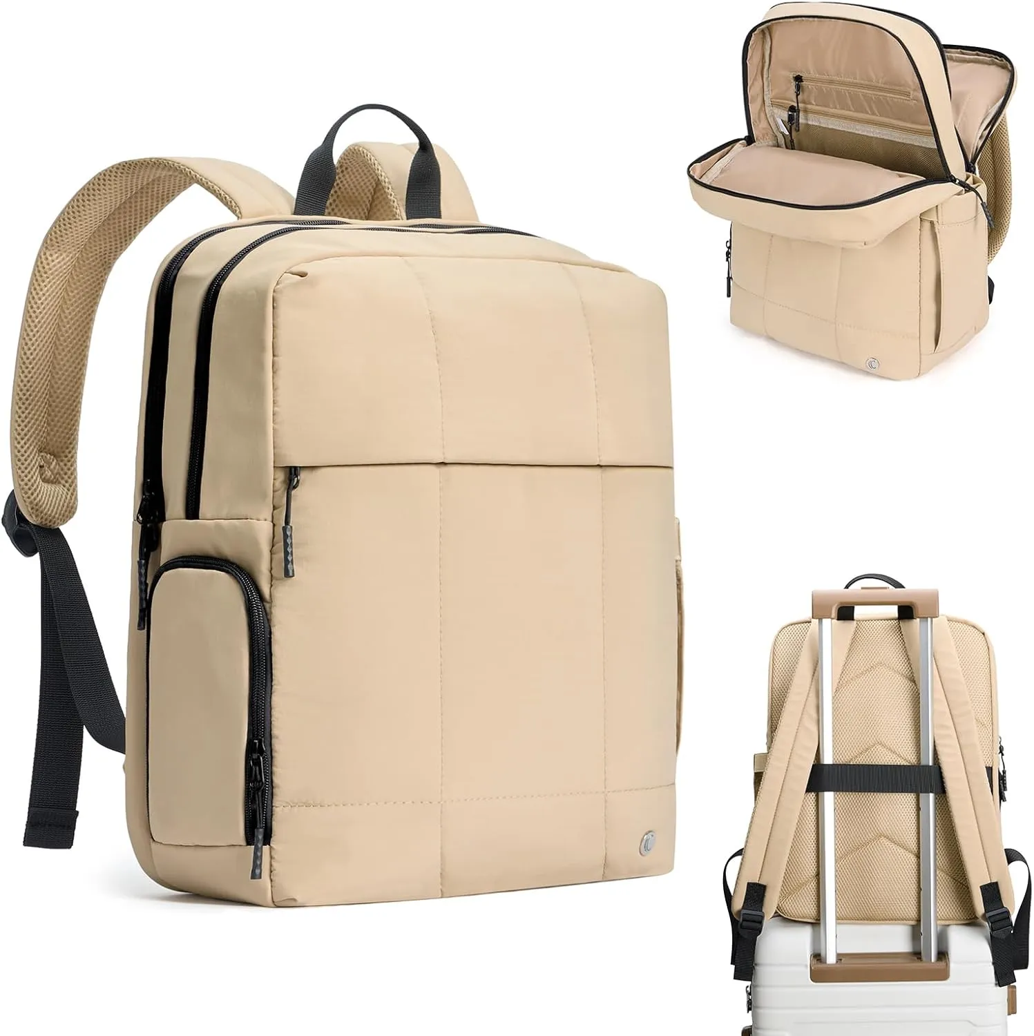 CLUCI Quilted Laptop Backpack fits 15.6" Laptop, Travel Backpack for Women, Lightweight Carry on Backpack for Airplanes, Puffy Gym Bag with Shoe Compartment (Camel)