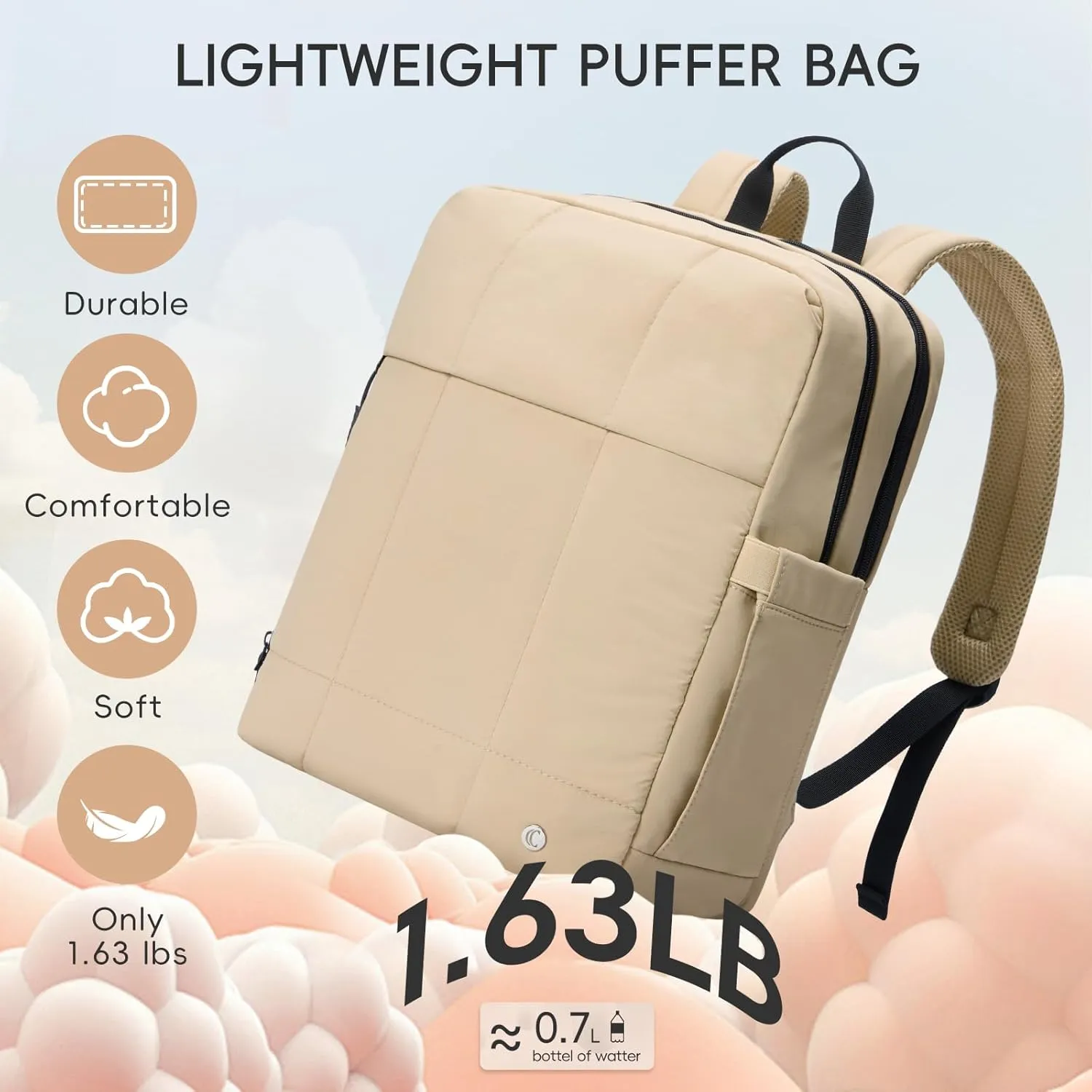 CLUCI Quilted Laptop Backpack fits 15.6" Laptop, Travel Backpack for Women, Lightweight Carry on Backpack for Airplanes, Puffy Gym Bag with Shoe Compartment (Camel)