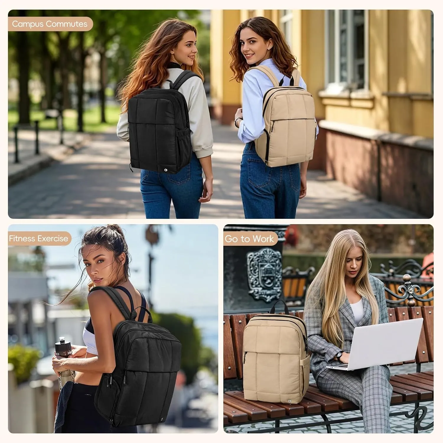 CLUCI Quilted Laptop Backpack fits 15.6" Laptop, Travel Backpack for Women, Lightweight Carry on Backpack for Airplanes, Puffy Gym Bag with Shoe Compartment (Camel)